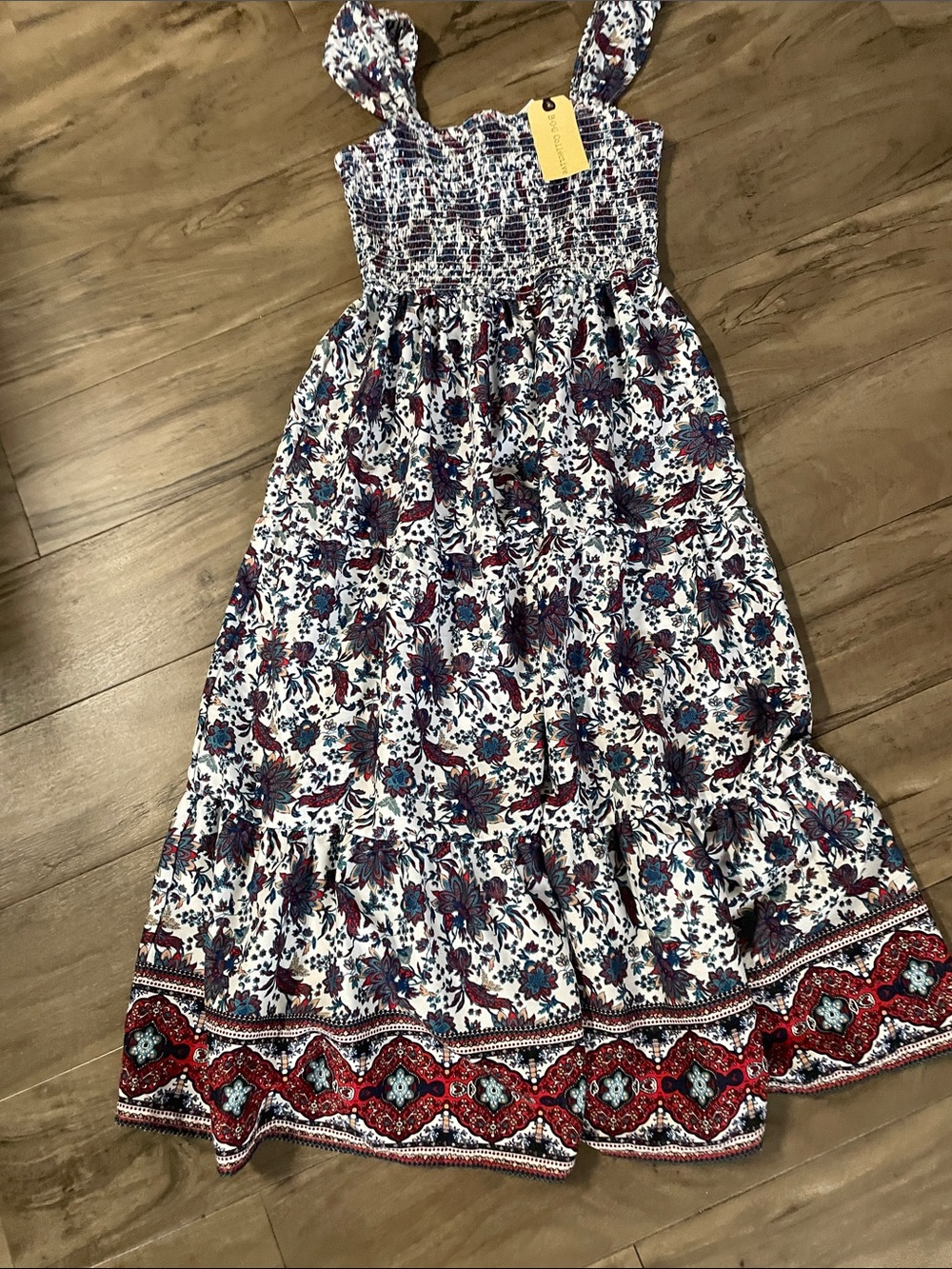 Smocked White Floral Maxi Dress with Red Border